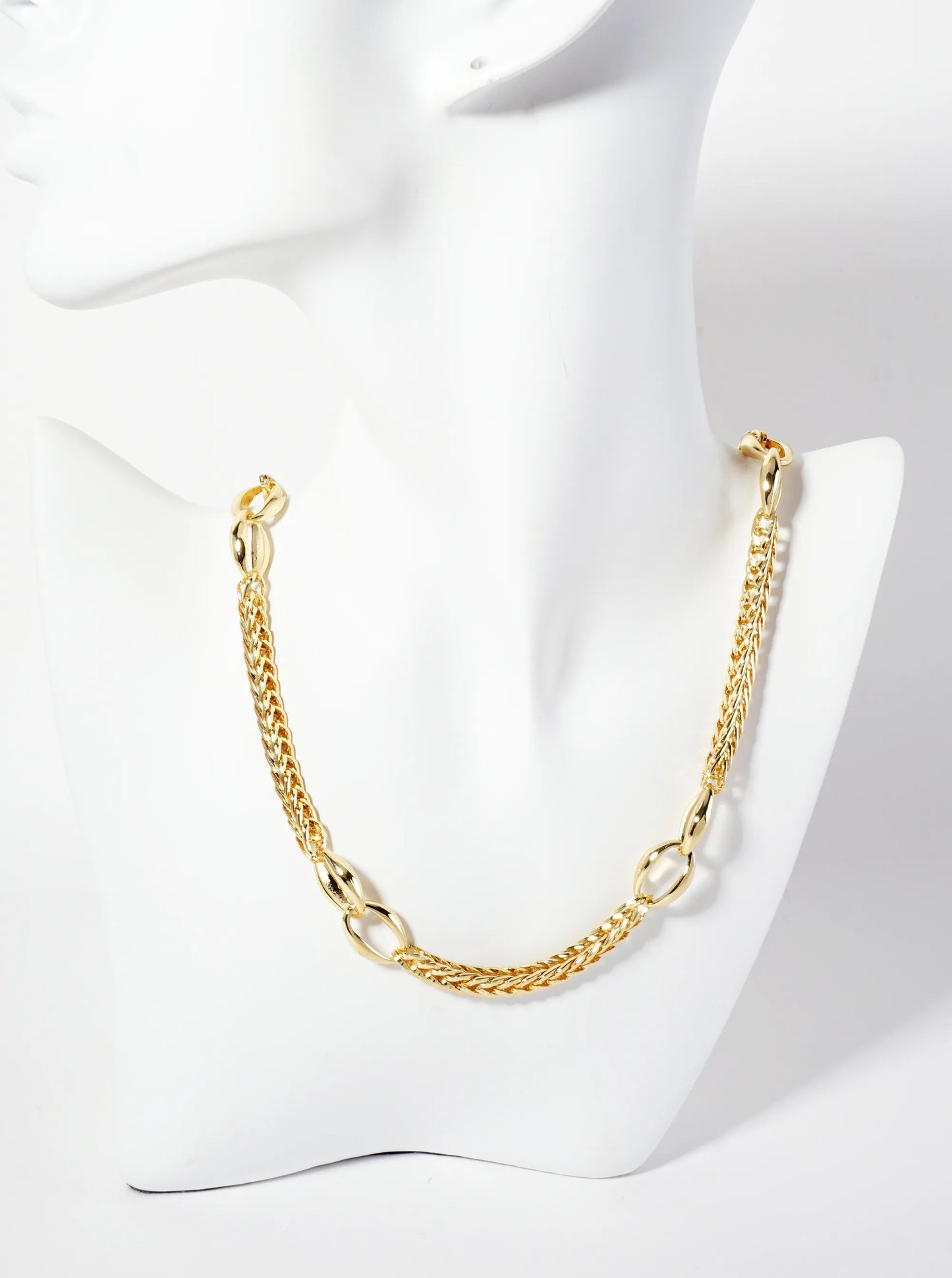 Interlocking Oval-Chain Accents 18K-Gold-Dipped 5mm Wheat-Chain Necklace