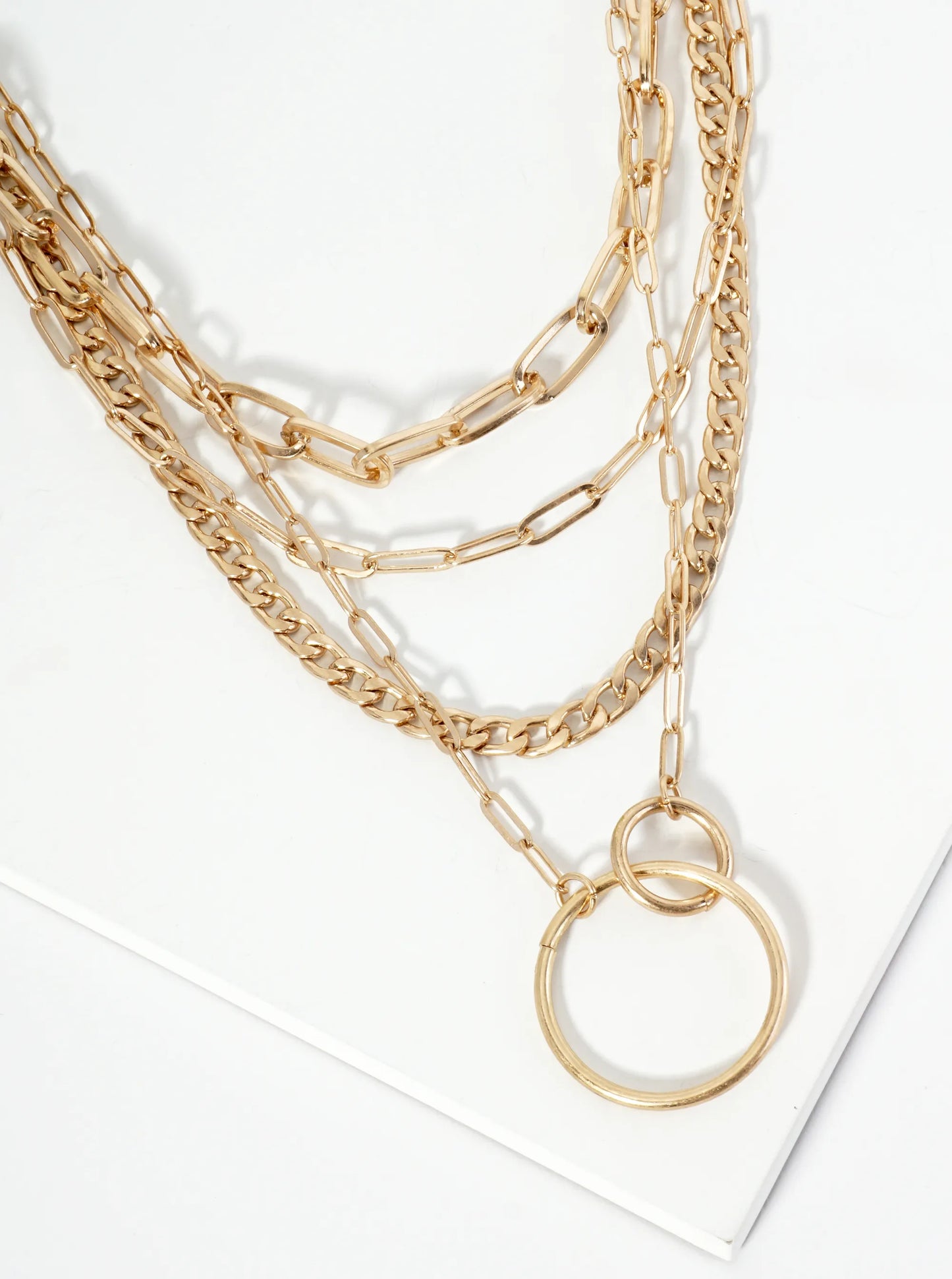Interlocking Two Circles Pendant Multi Chain Necklace