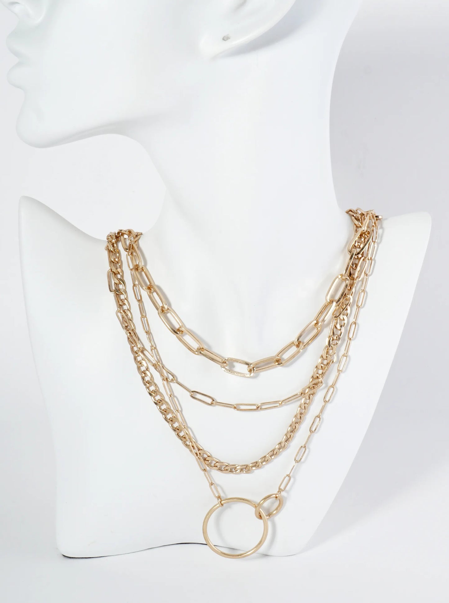 Interlocking Two Circles Pendant Multi Chain Necklace