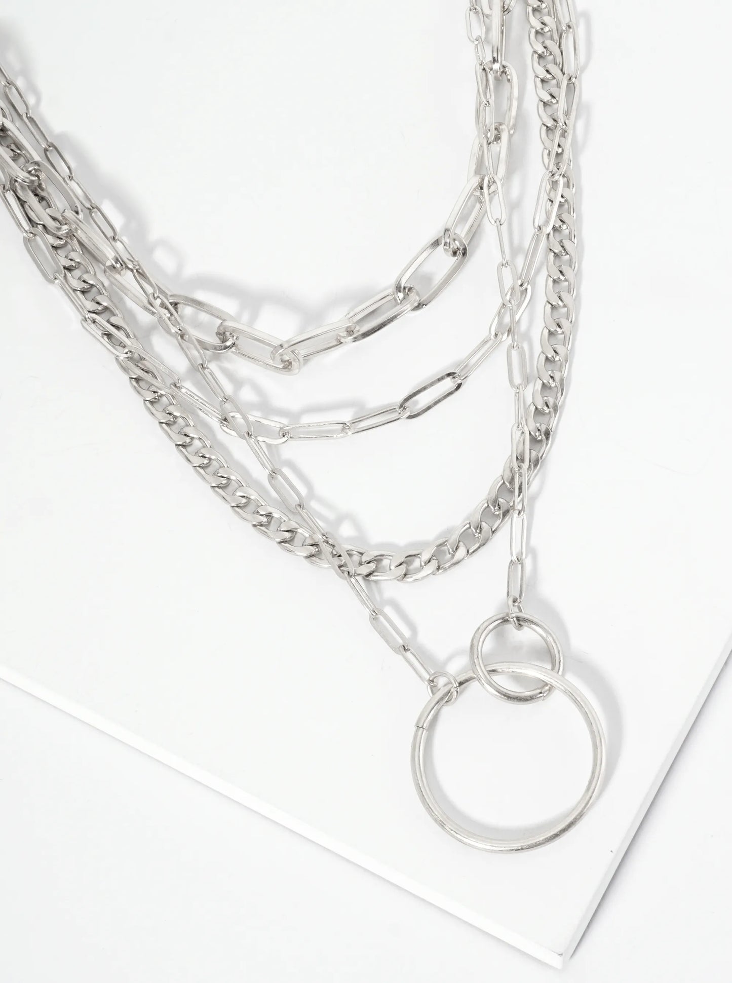 Interlocking Two Circles Pendant Multi Chain Necklace