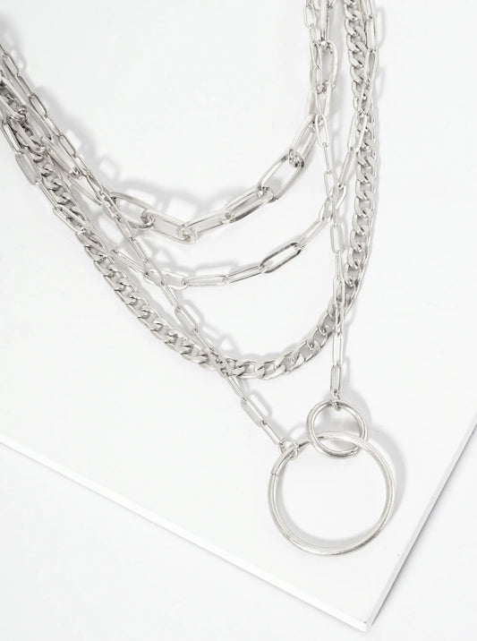 Interlocking Two Circles Pendant Multi Chain Necklace