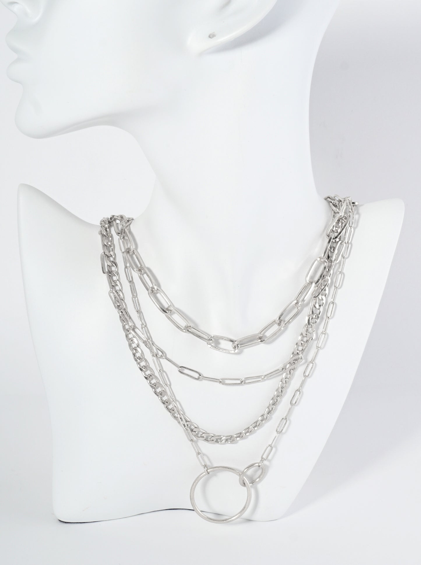 Interlocking Two Circles Pendant Multi Chain Necklace