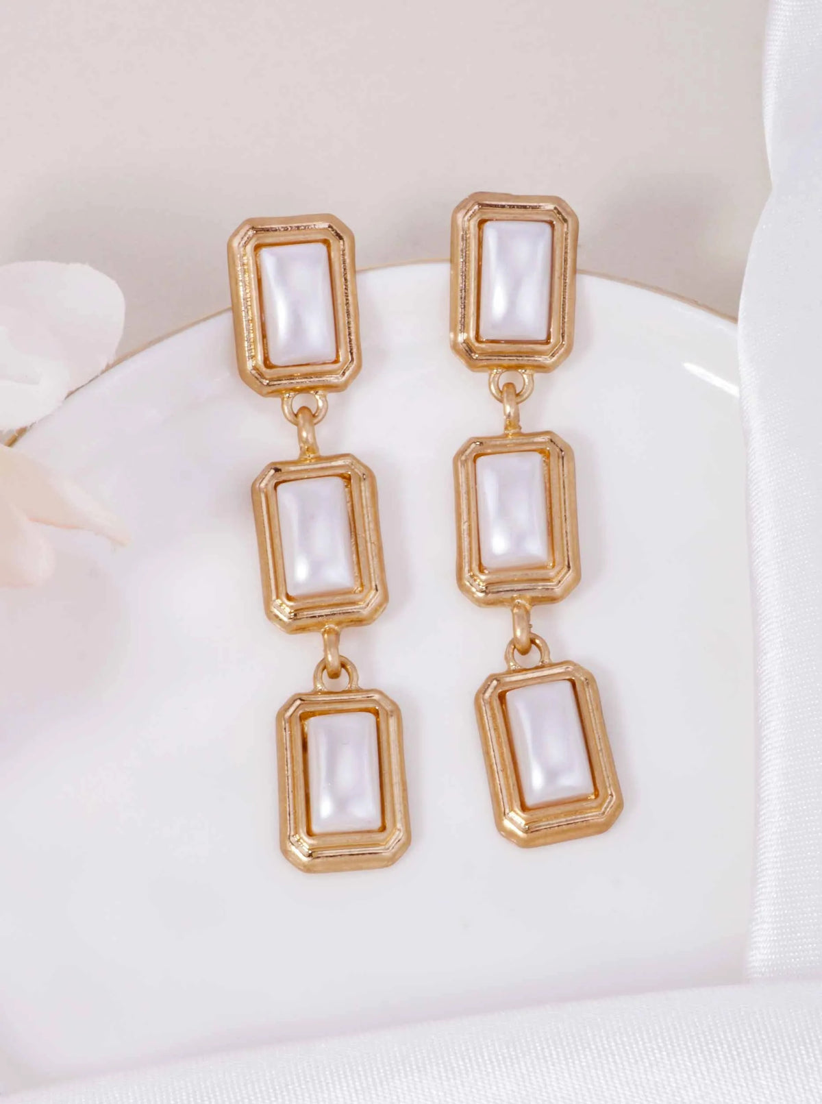 Pearl Triple Rectangle Worn Post Drop Earrings - Worn Gold Pearl
