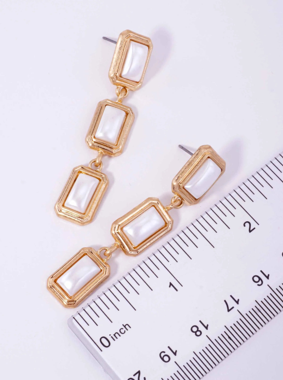 Pearl Triple Rectangle Worn Post Drop Earrings - Worn Gold Pearl