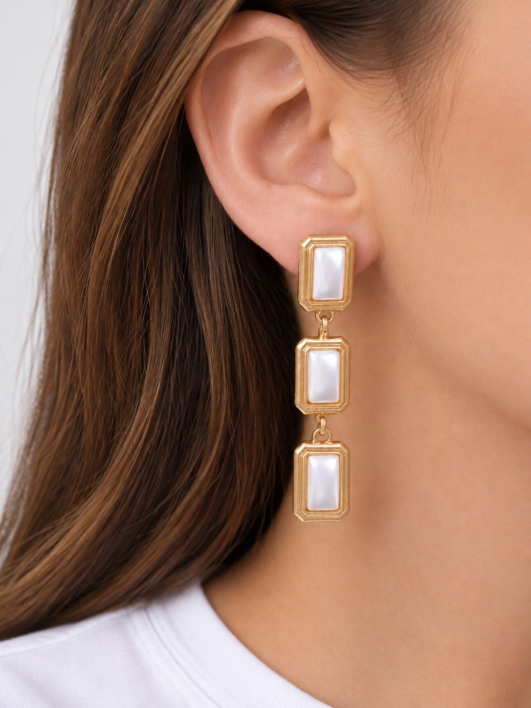 Pearl Triple Rectangle Worn Post Drop Earrings - Worn Gold Pearl