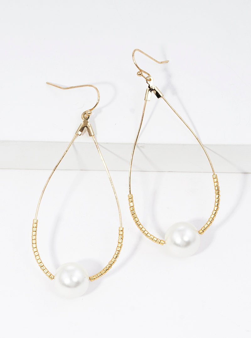 Japanese Seed Bead And Pearl Wire Teardrop Dangle Drop Earrings