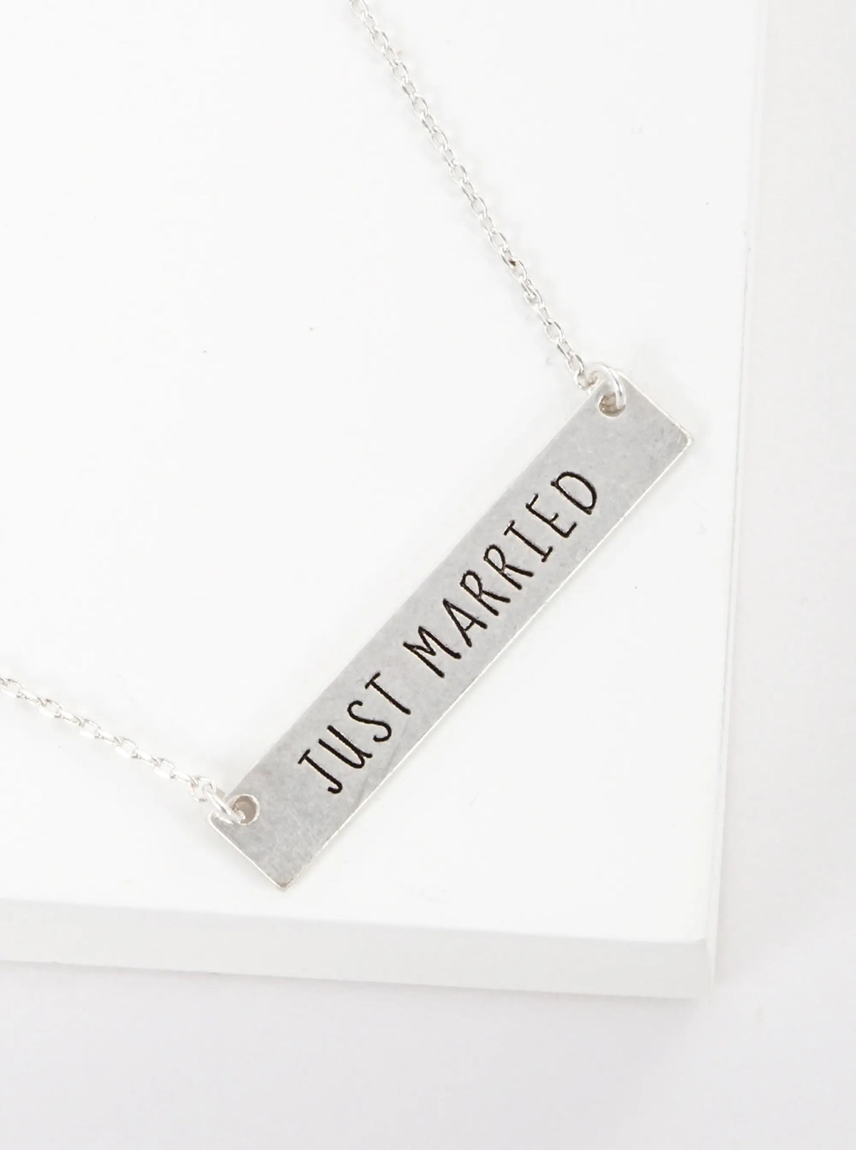 Just Married Engraved Horizontal Bar Pendant Necklace
