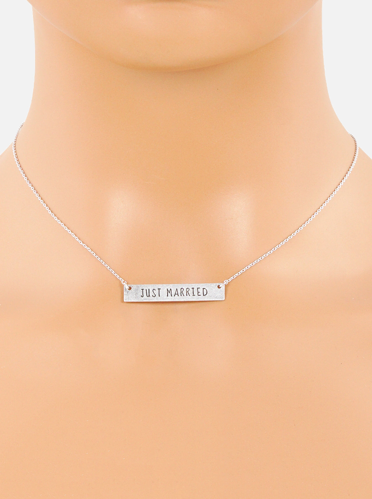 Just Married Engraved Horizontal Bar Pendant Necklace