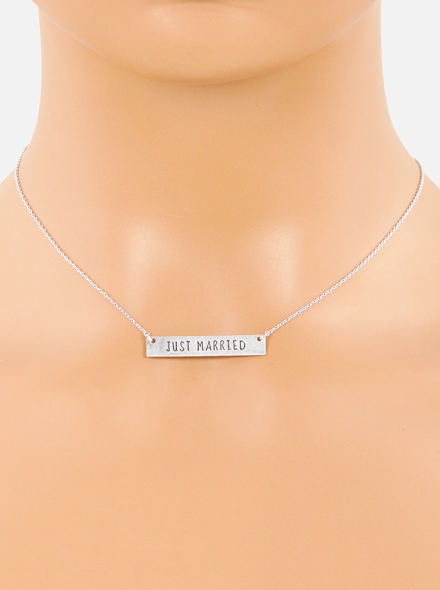Just Married Engraved Horizontal Bar Pendant Necklace