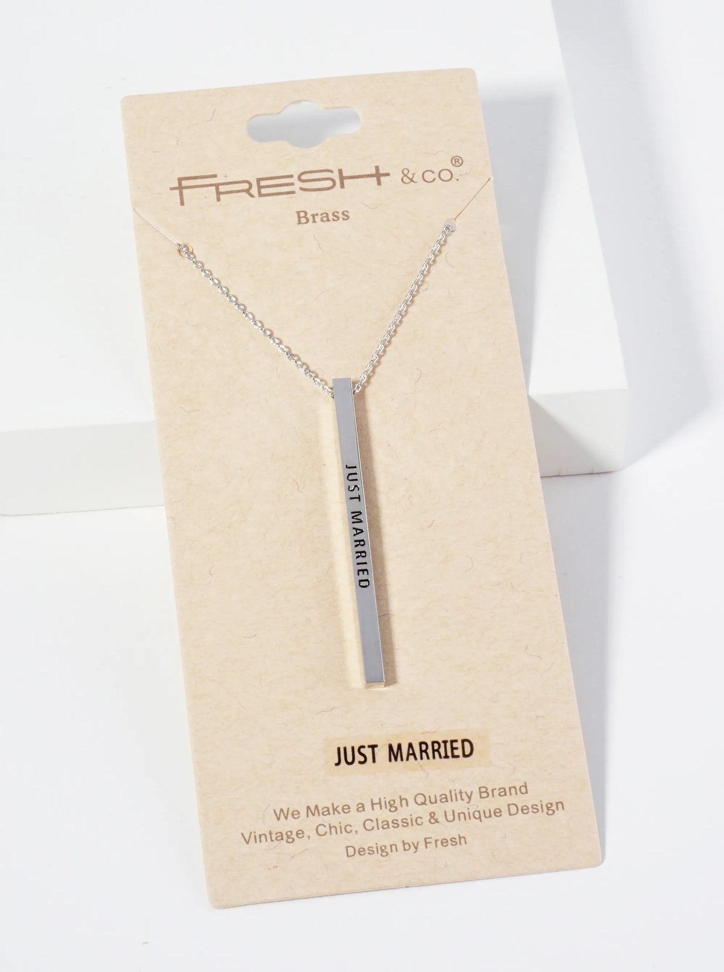 Just Married Engraved Vertical Bar Pendant Inspirational Necklace