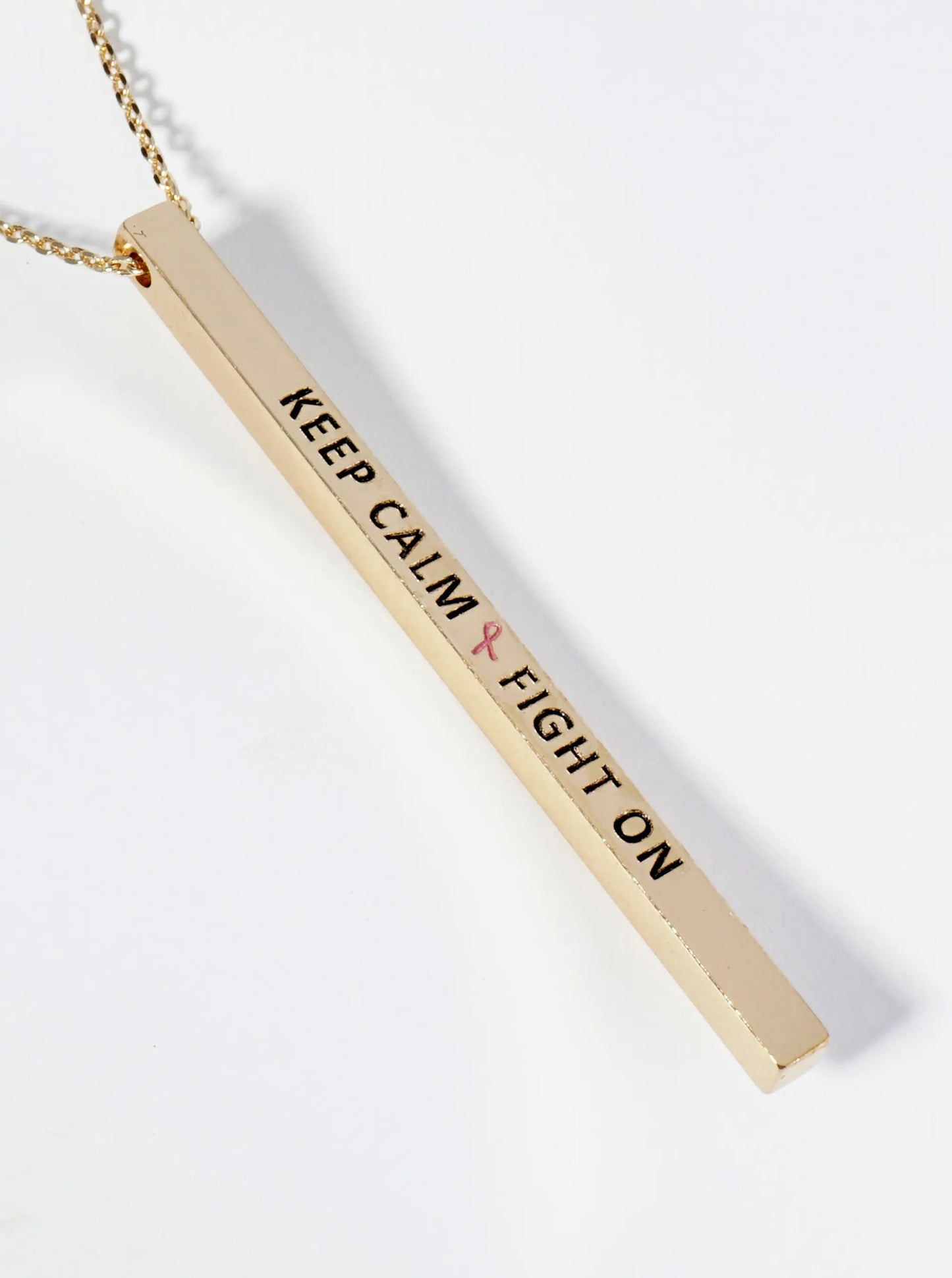 Keep Calm Fight On Pink Ribbon Engraved Vertical Bar Pendant Inspirational Necklace