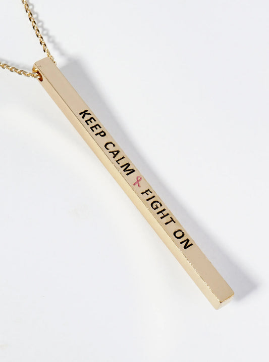Keep Calm Fight On Pink Ribbon Engraved Vertical Bar Pendant Inspirational Necklace