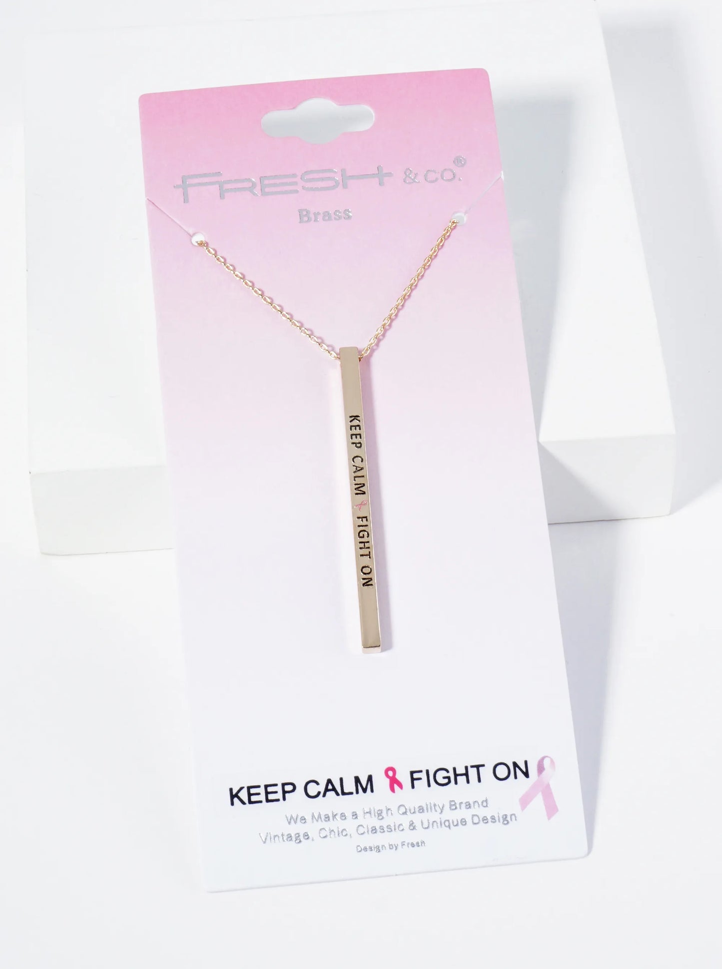 Keep Calm Fight On Pink Ribbon Engraved Vertical Bar Pendant Inspirational Necklace