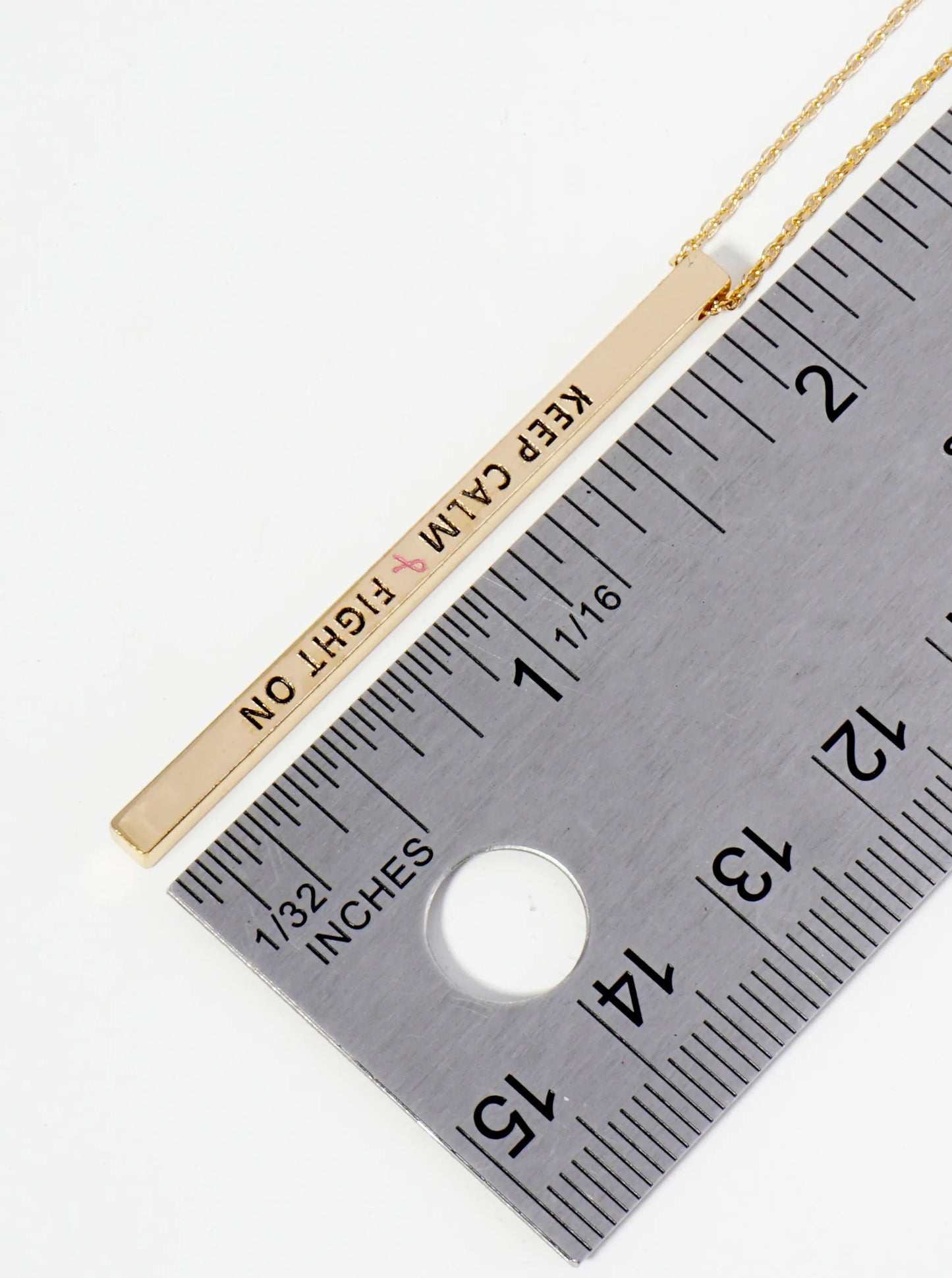 Keep Calm Fight On Pink Ribbon Engraved Vertical Bar Pendant Inspirational Necklace