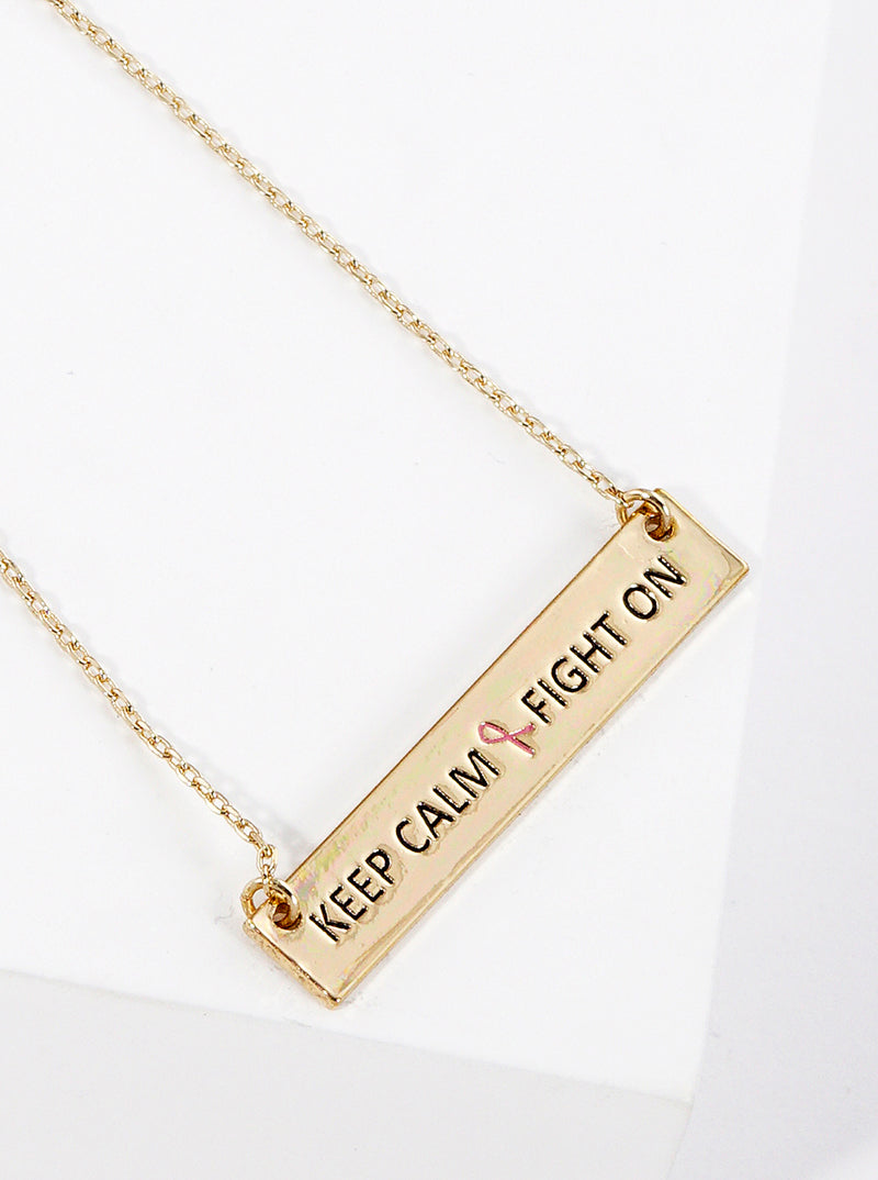 Keep Calm And Fight On Engraved Rectangle Pendant Pink Ribbon Inspirational Necklace