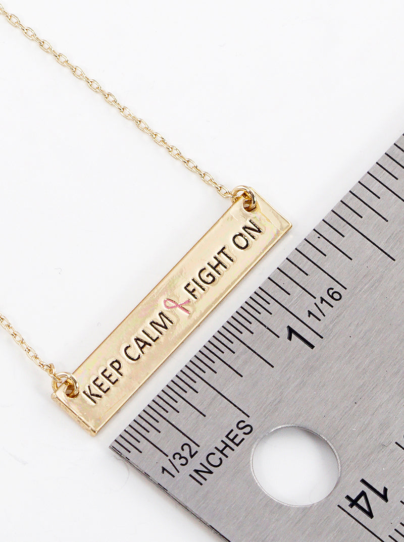 Keep Calm And Fight On Engraved Rectangle Pendant Pink Ribbon Inspirational Necklace
