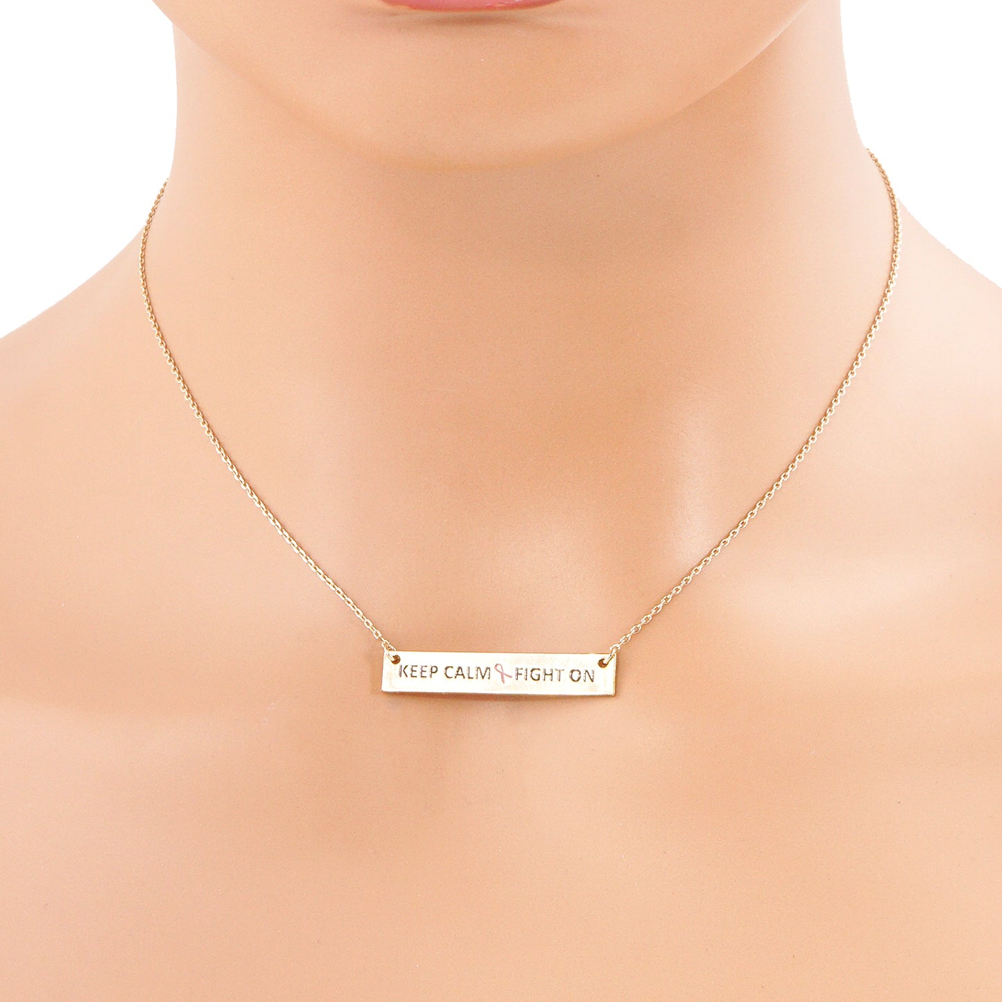 Keep Calm And Fight On Engraved Rectangle Pendant Pink Ribbon Inspirational Necklace