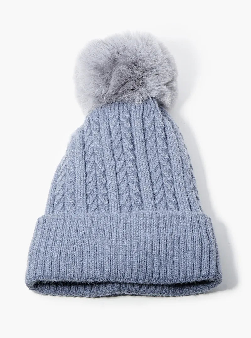 Knitted Acrylic Fleece Beanie With Pom Pom And Mask Set