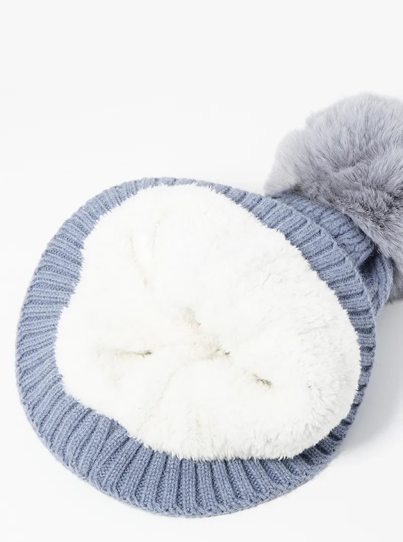 Knitted Acrylic Fleece Beanie With Pom Pom And Mask Set