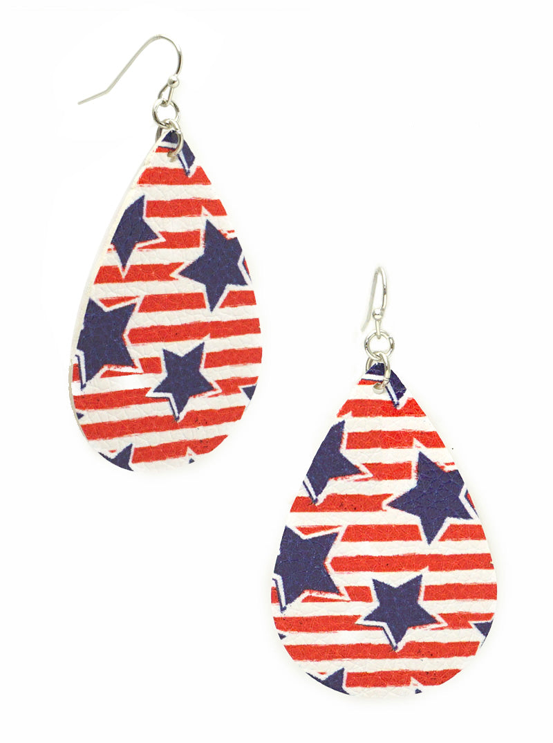 LEATHERETTE USA PRINT TEARDROP DANGLE DROP EARRINGS