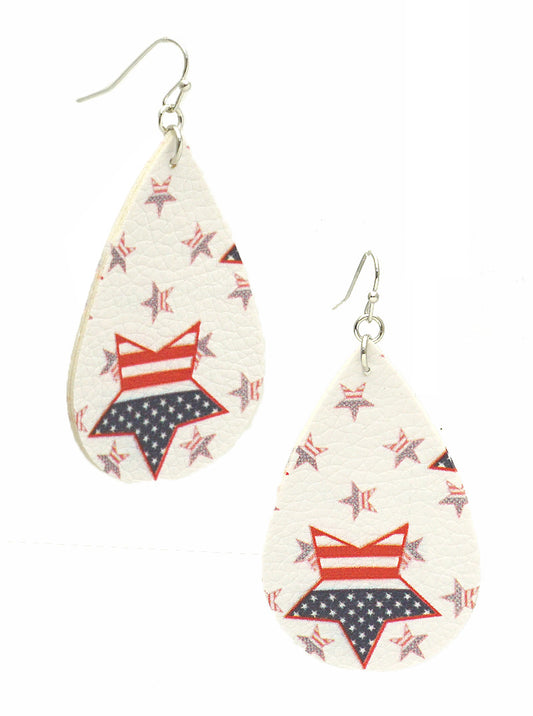 LEATHERETTE USA PRINT TEARDROP DANGLE DROP EARRINGS