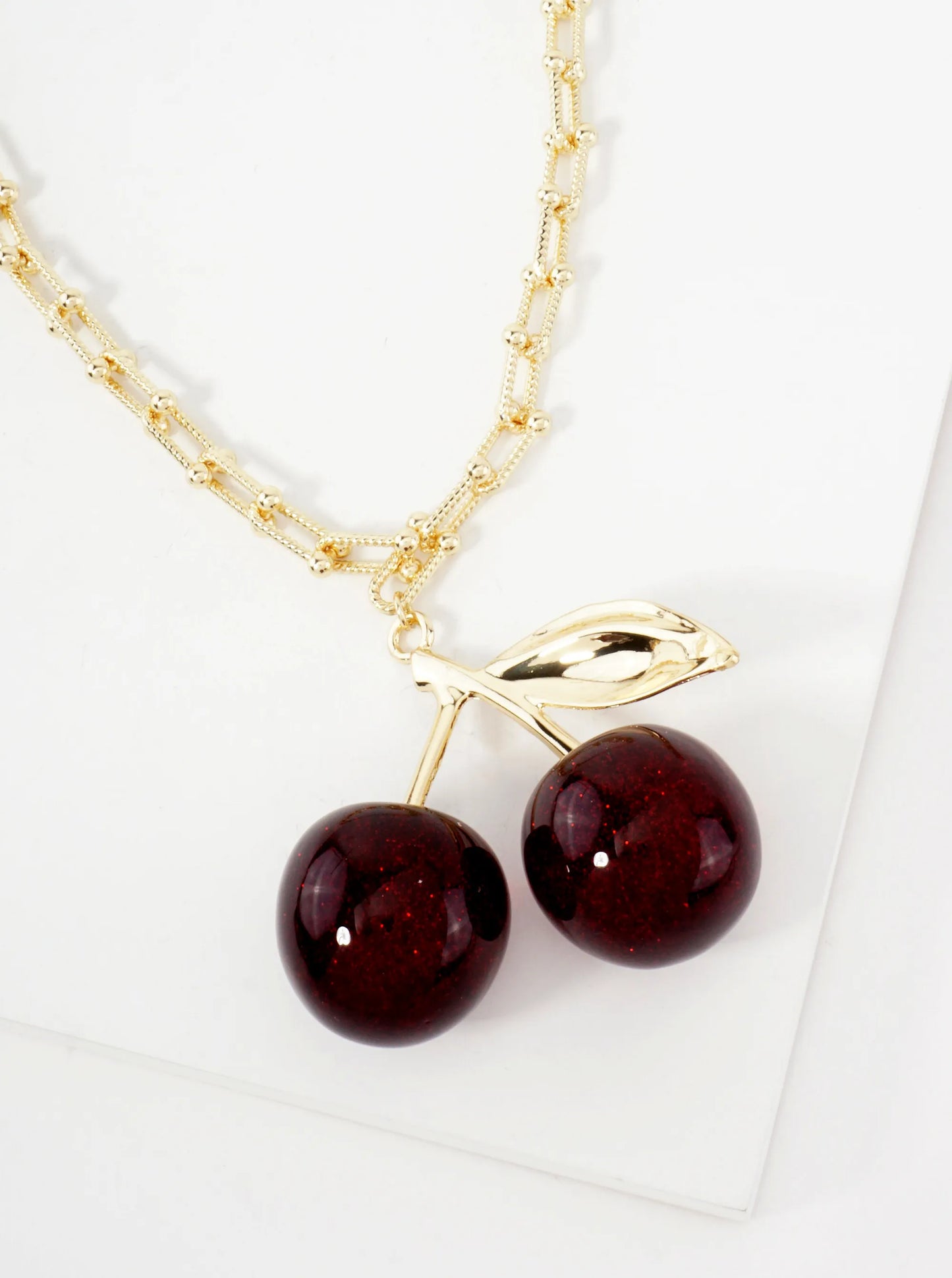 Large Sparkling Cherry Pendant 18K-Gold-Dipped Textured Brass HardWear-Chain Necklace