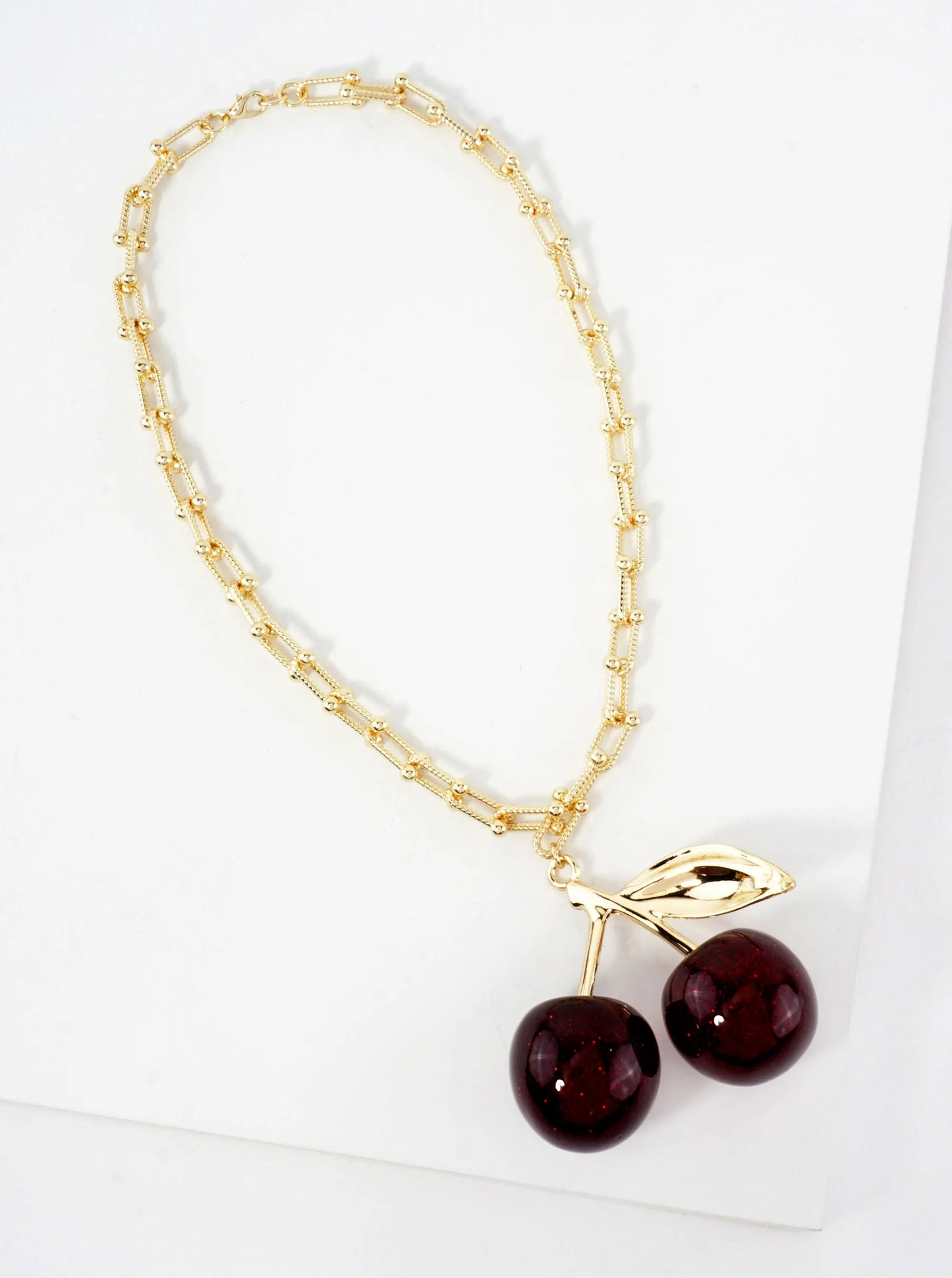 Large Sparkling Cherry Pendant 18K-Gold-Dipped Textured Brass HardWear-Chain Necklace