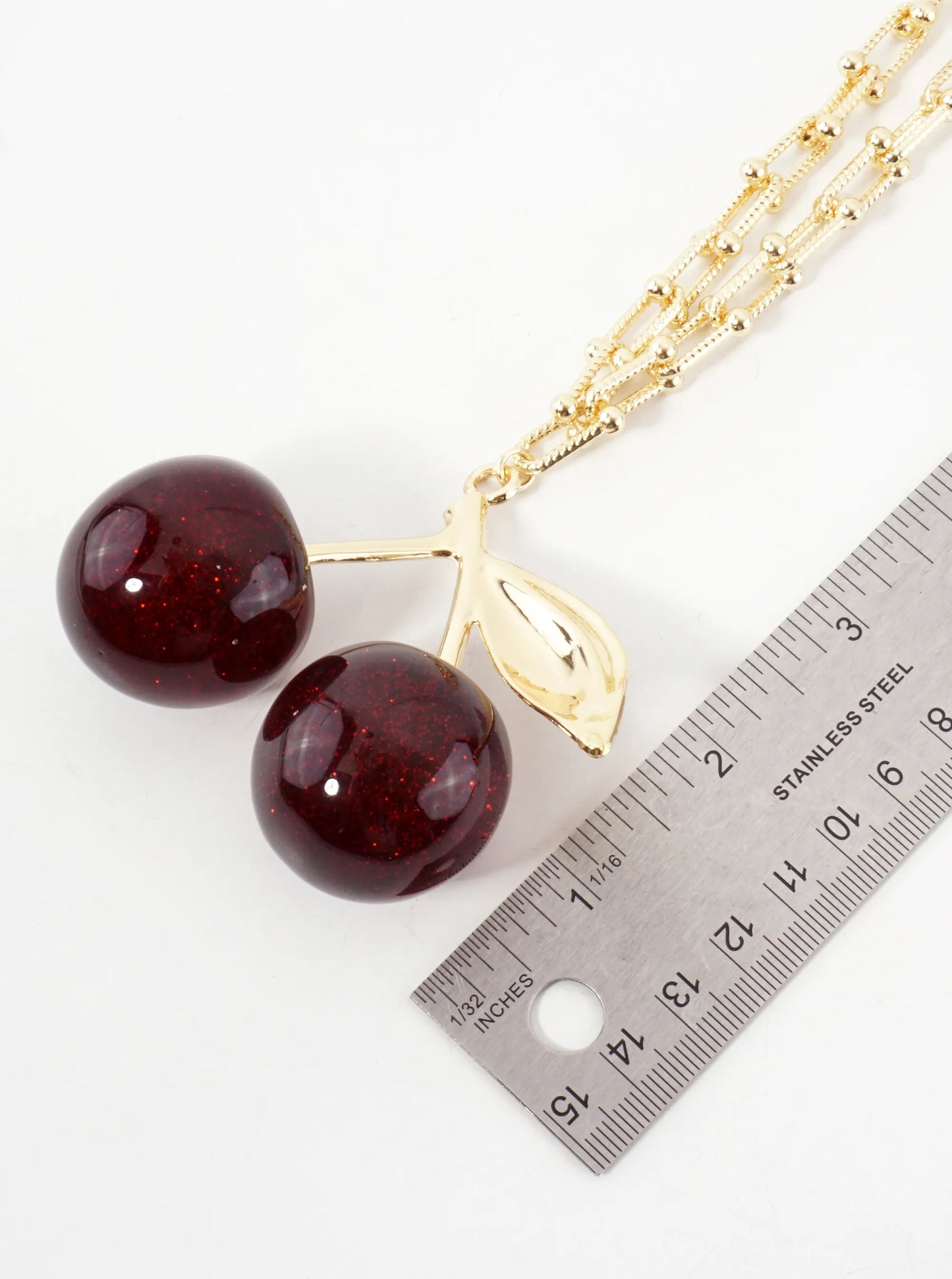 Large Sparkling Cherry Pendant 18K-Gold-Dipped Textured Brass HardWear-Chain Necklace