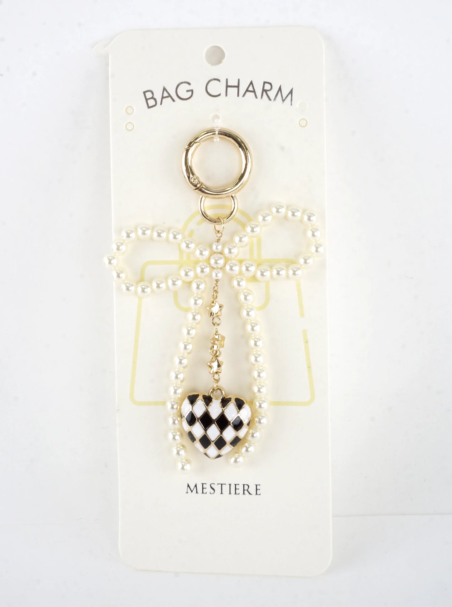 Large Wired Pearl Bow Checkered Heart Key Bag Char