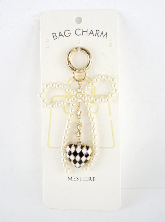 Large Wired Pearl Bow Checkered Heart Key Bag Char