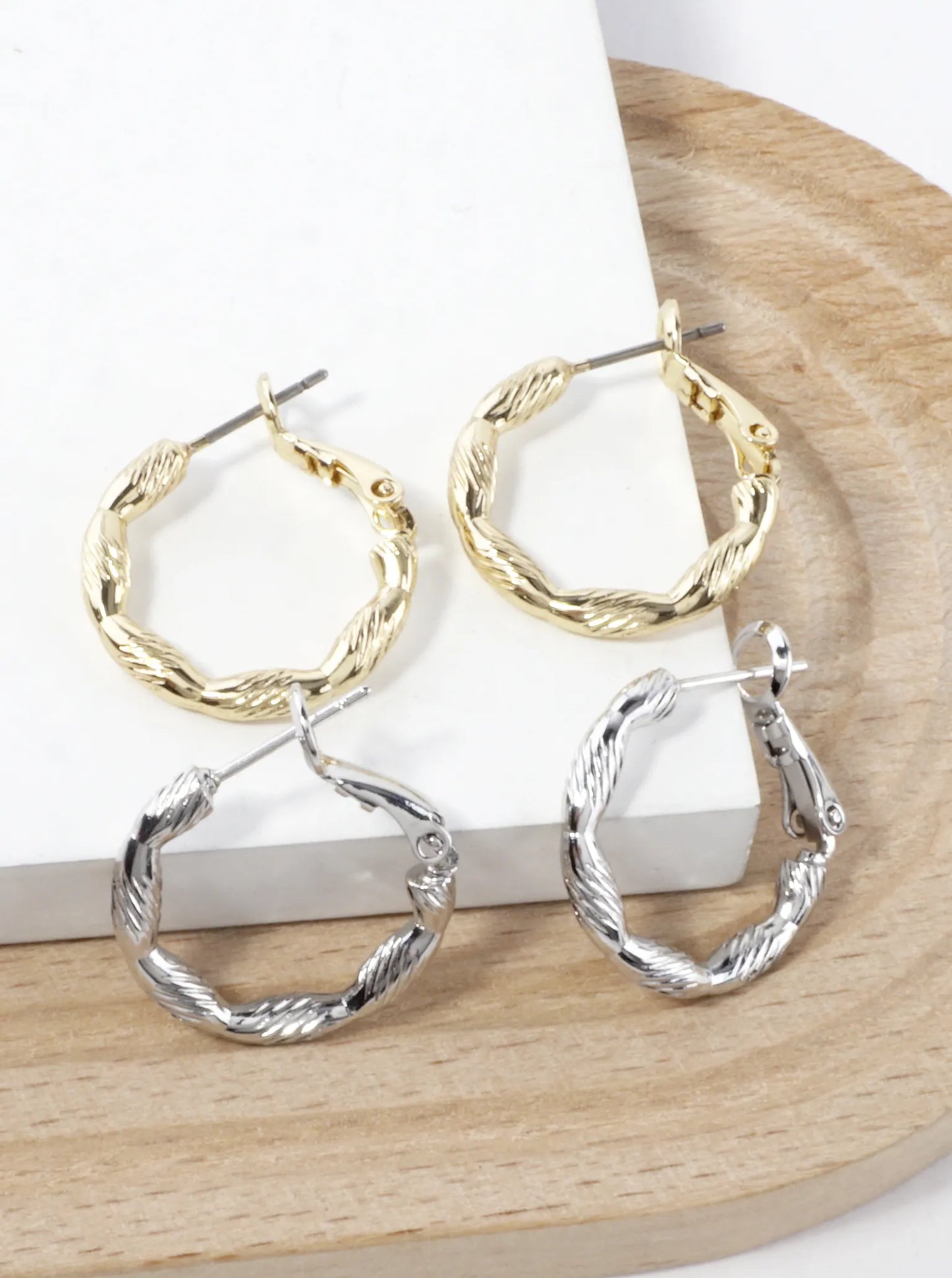 Laser Cut Textured Brass Hoop Earrings 0.75inch