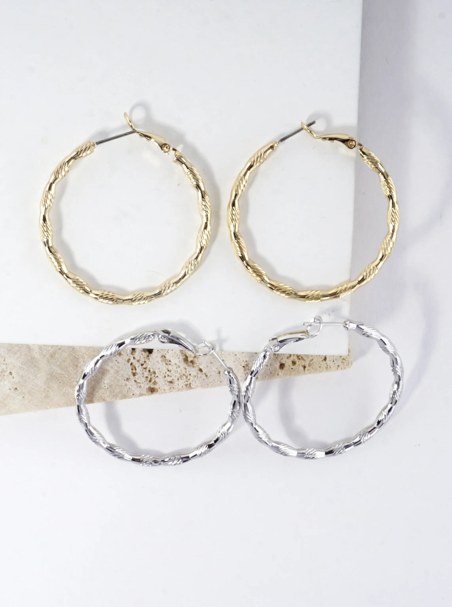 Laser Cut Textured Brass Hoop Earrings 1.5inch