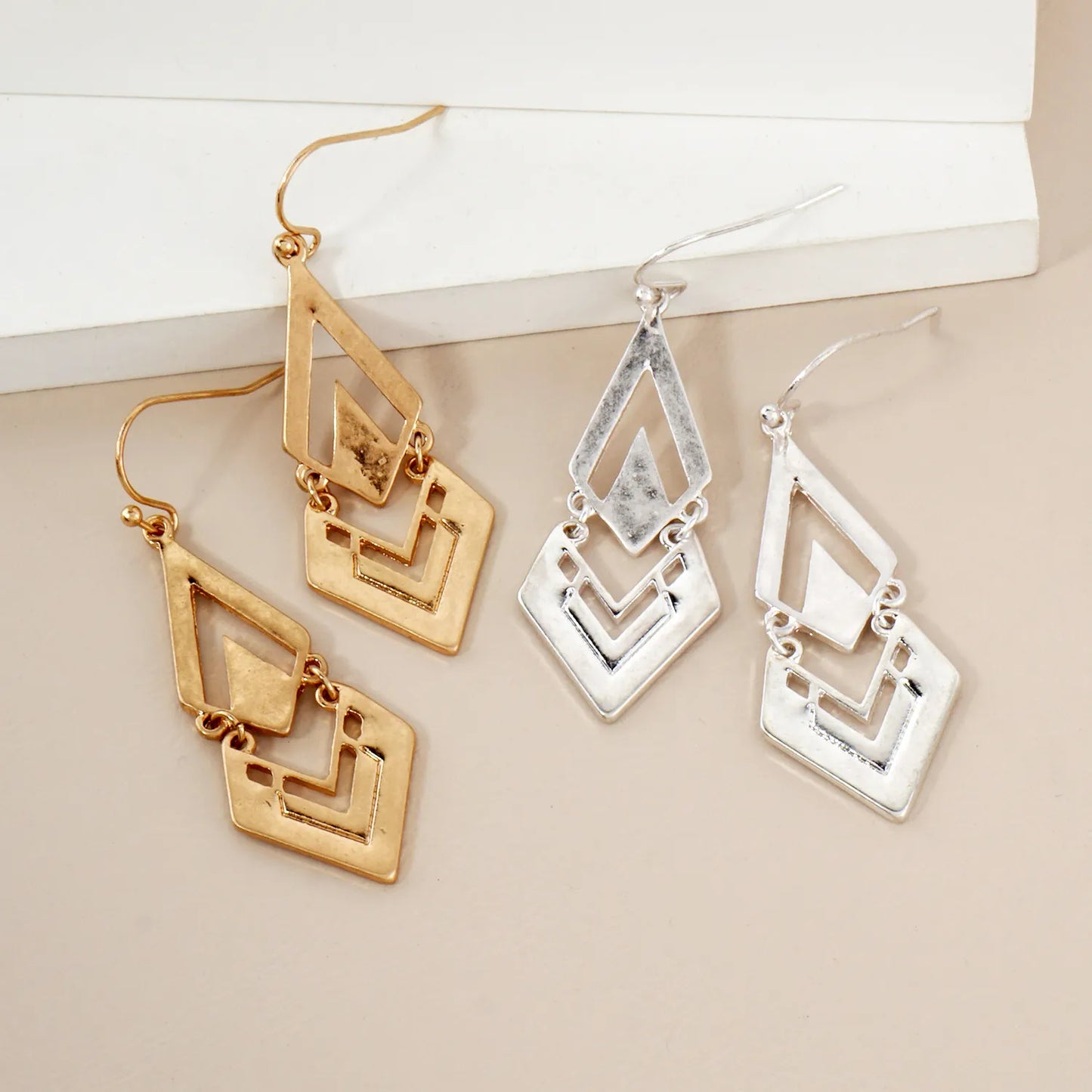 Layered Diamond Shape Geometric Dangle Earrings