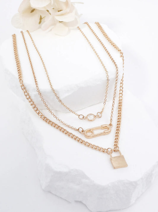 Layered Lock Charm Matte Necklace