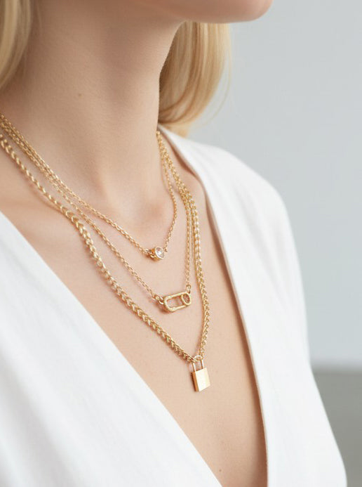 Layered Lock Charm Matte Necklace