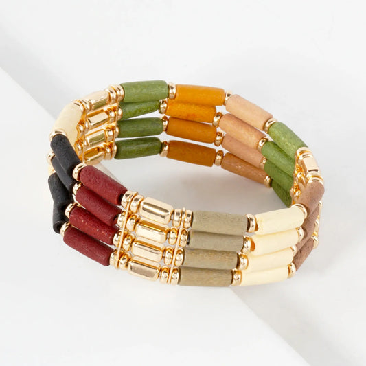 Layered Wood And CCB Linked Stretch Bracelets