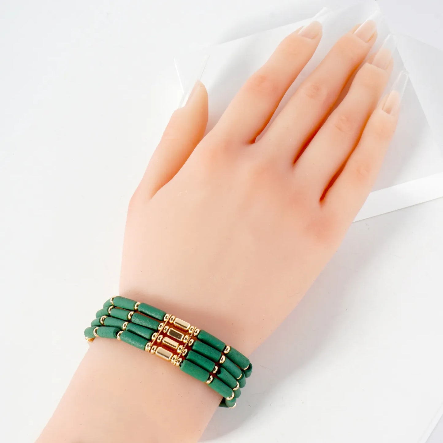 Layered Wood And CCB Linked Stretch Bracelets
