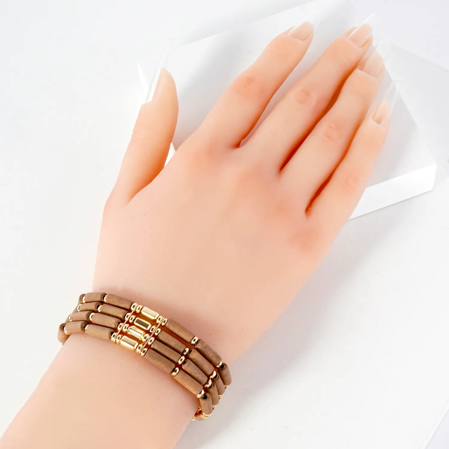 Layered Wood And CCB Linked Stretch Bracelets