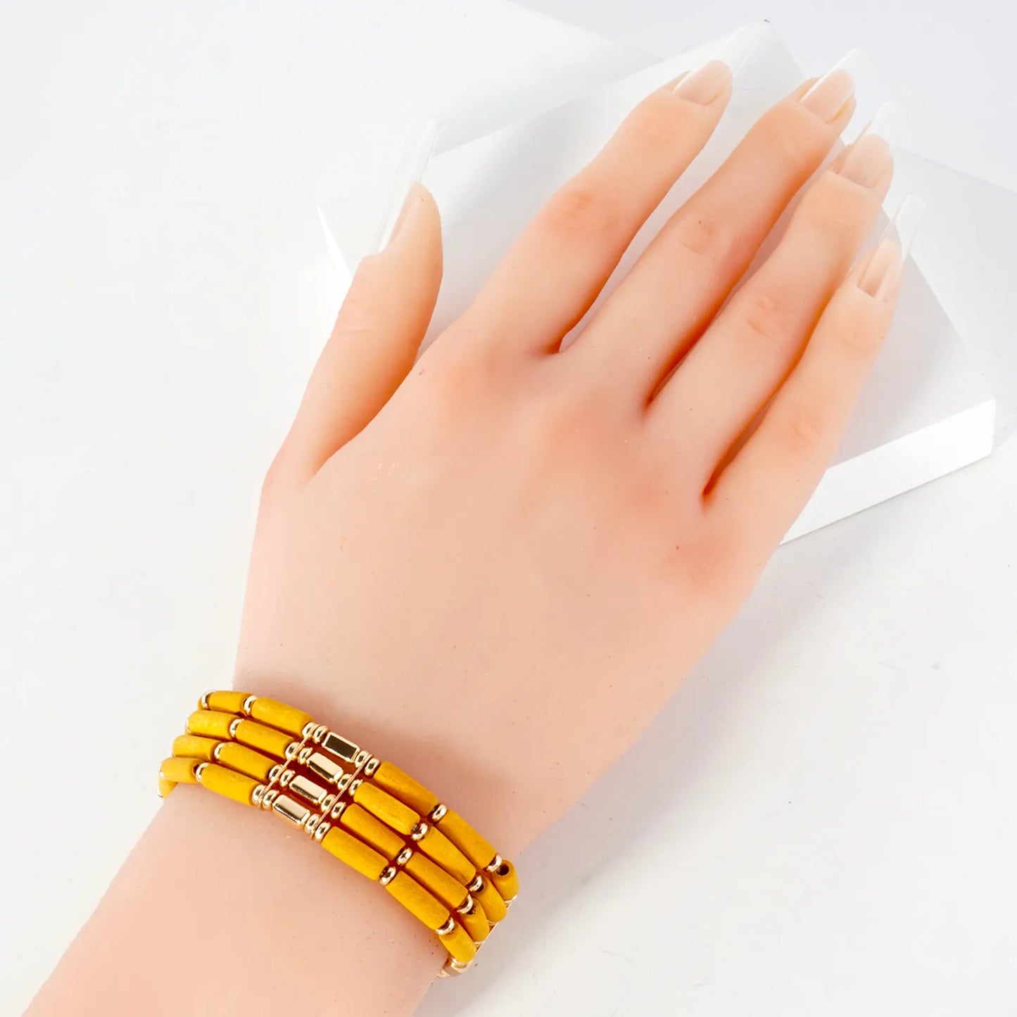 Layered Wood And CCB Linked Stretch Bracelets