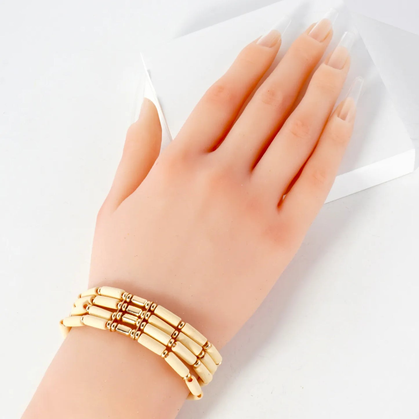 Layered Wood And CCB Linked Stretch Bracelets