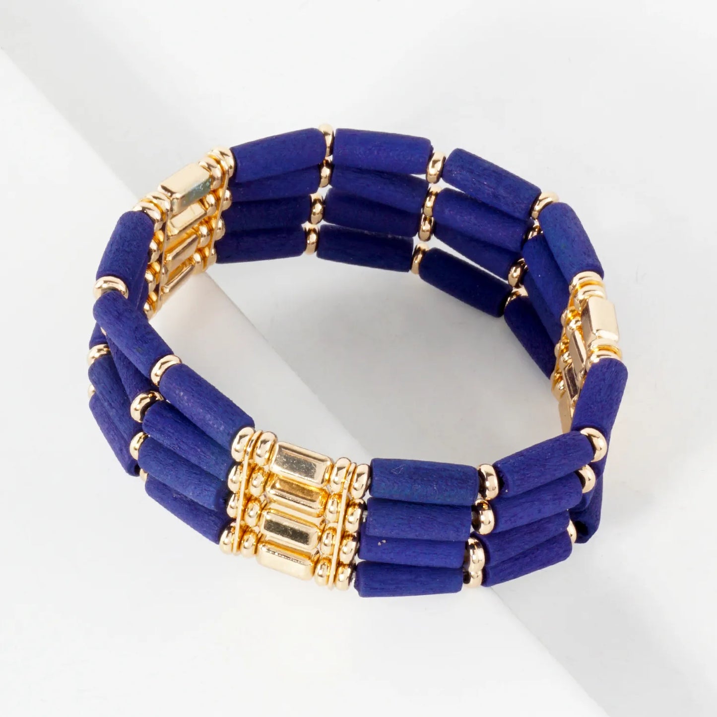 Layered Wood And CCB Linked Stretch Bracelets