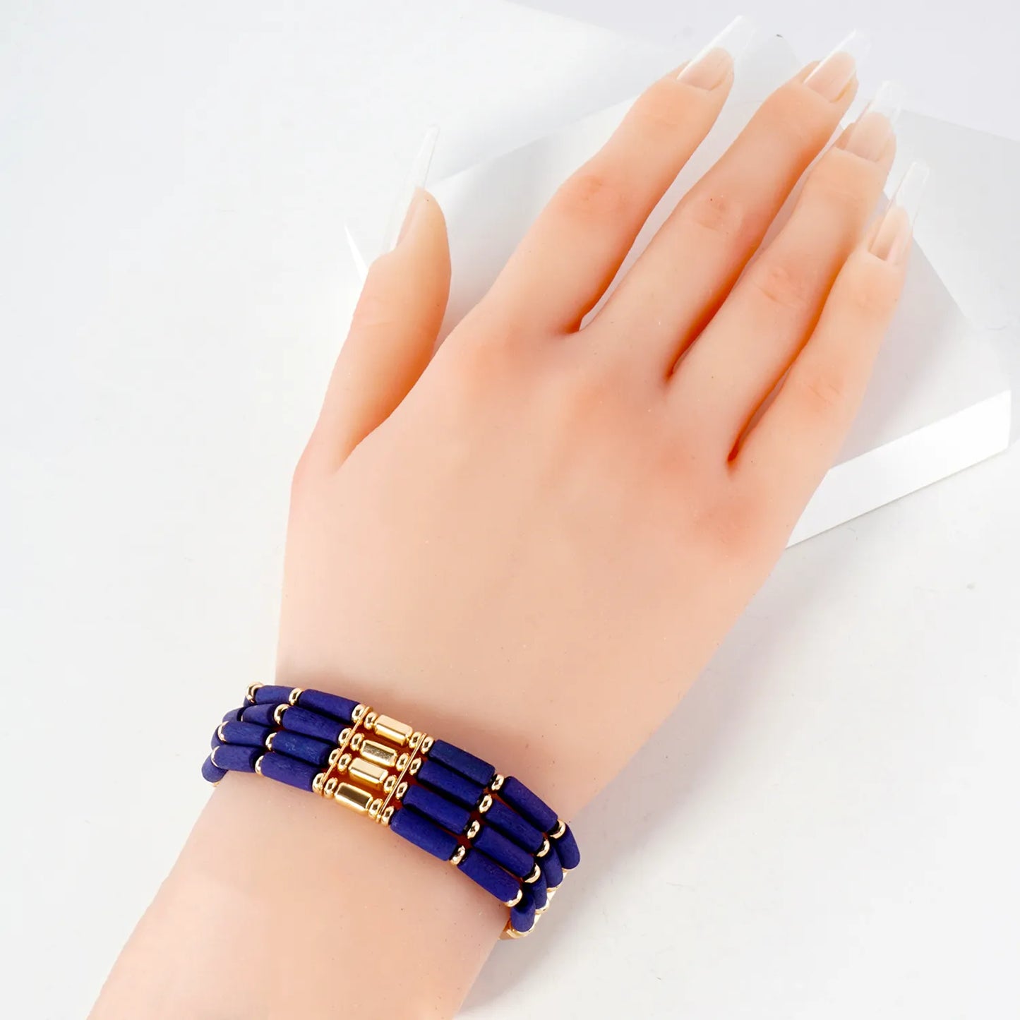 Layered Wood And CCB Linked Stretch Bracelets