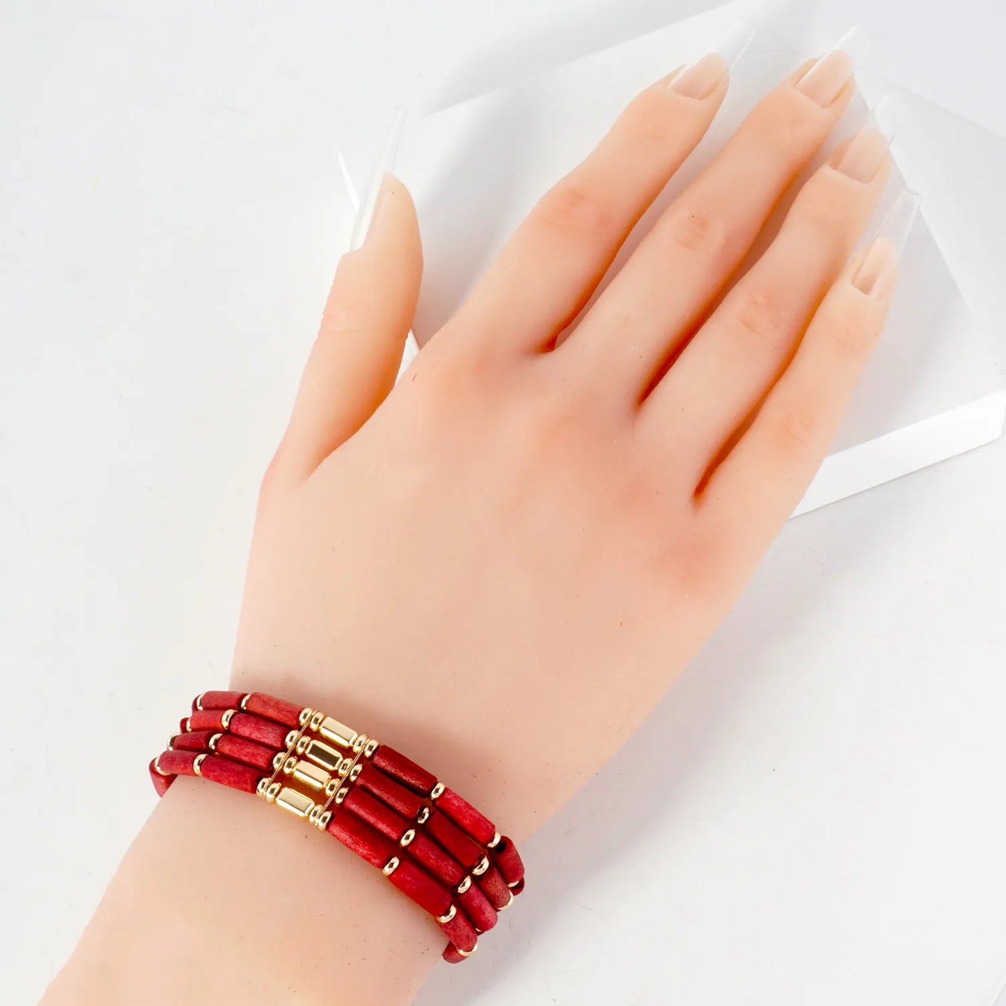 Layered Wood And CCB Linked Stretch Bracelets