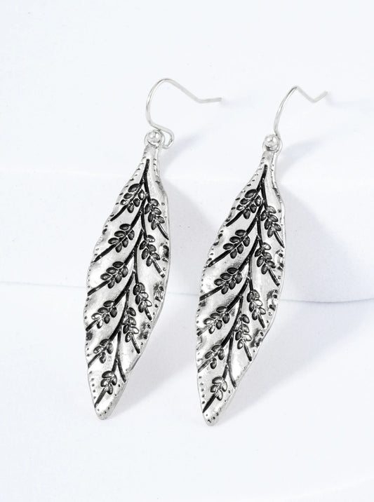 Leaf Shaped Dangle Earrings With Engraved Leaf Inside