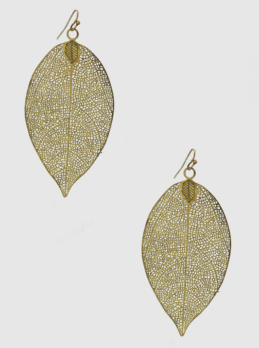 Leaf Shaped Filigree Stencil Delicate Dangle Drop Earrings