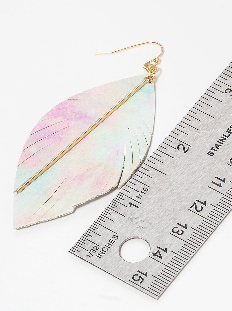 Leatherette Feather Fringe With Bar Fish Hook Dangle Drop Earrings