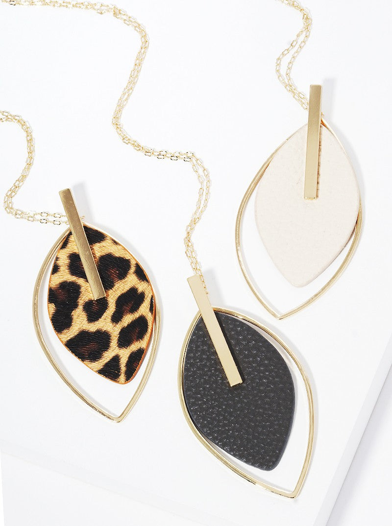 Leatherette Leaf Pendant Long Necklace Set With Earrings
