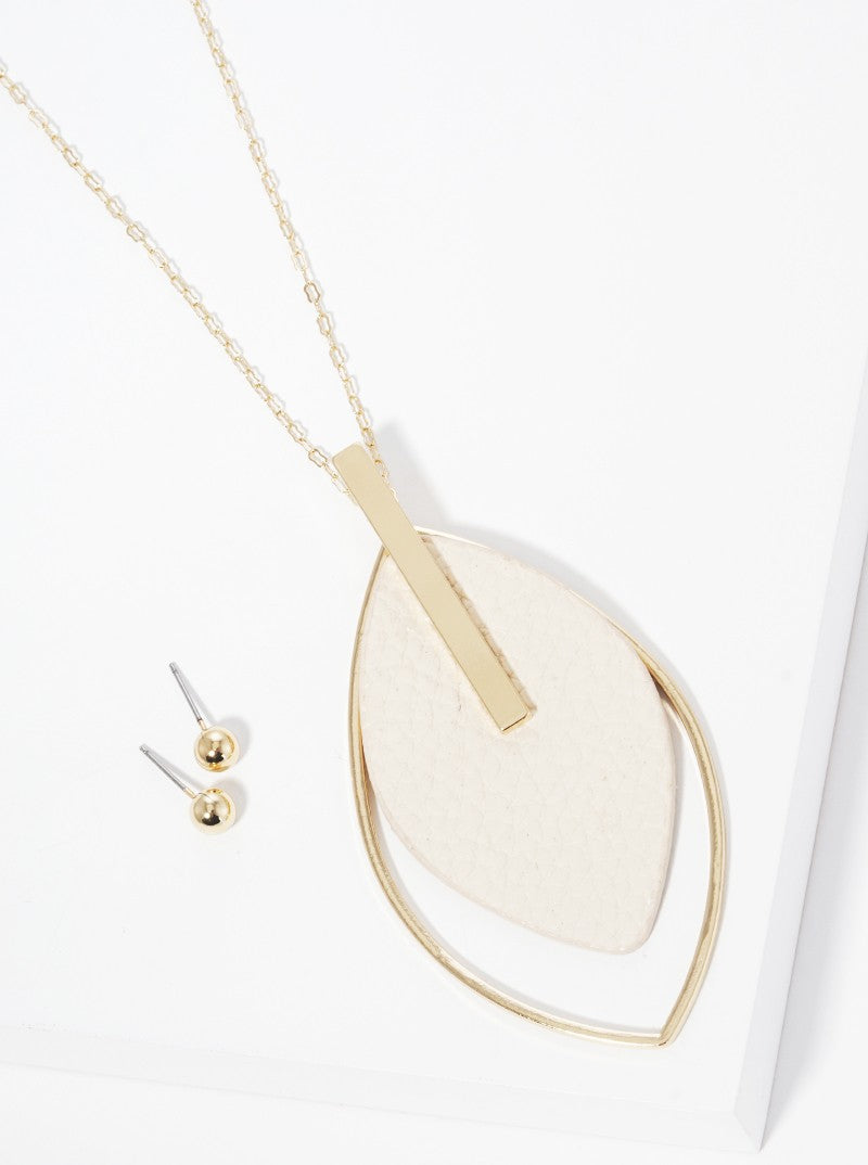 Leatherette Leaf Pendant Long Necklace Set With Earrings