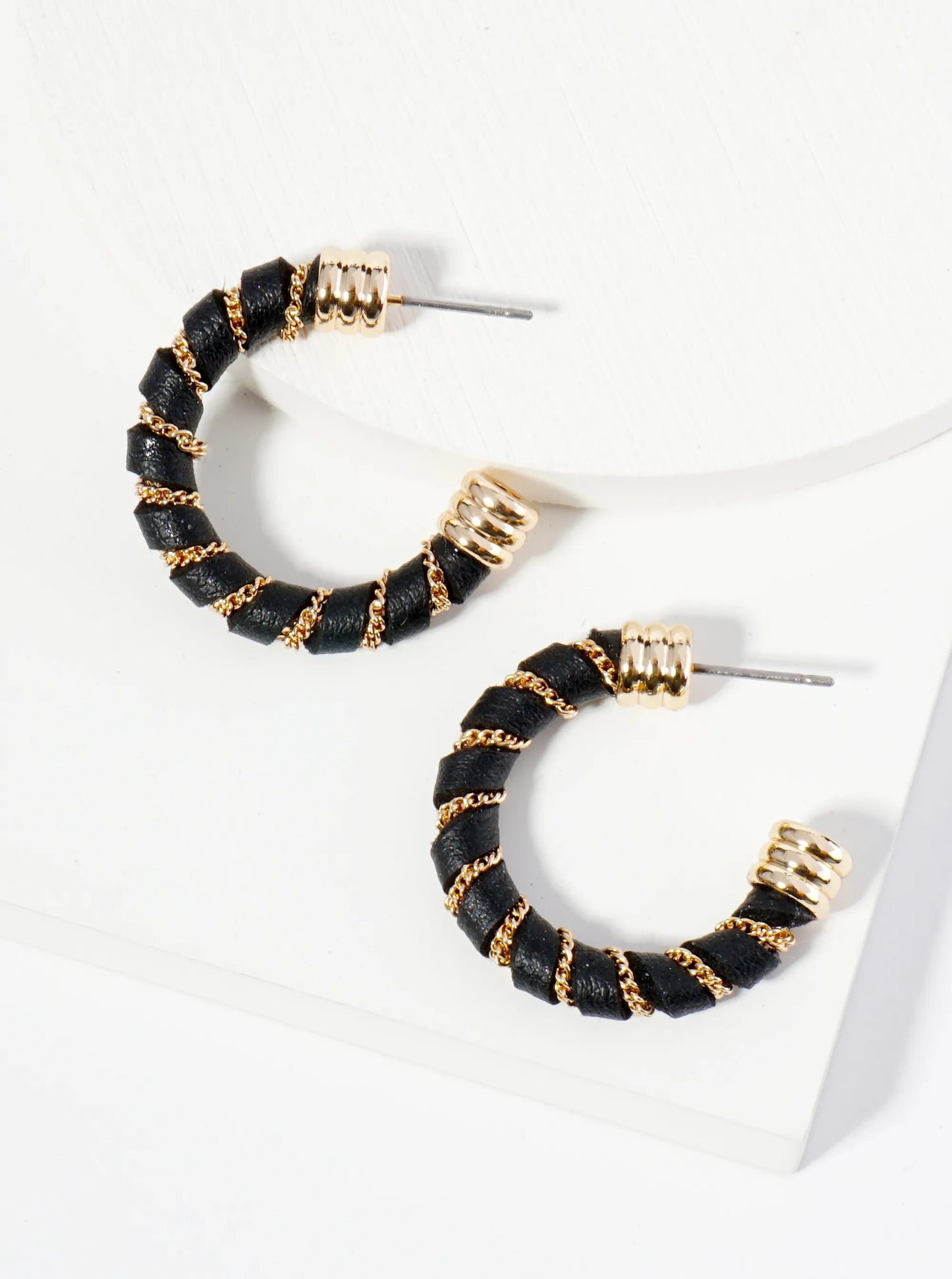 Leatherette And Chain Wrapped 25mm Open Hoop Earrings