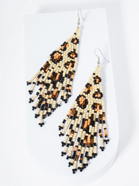 Leopard Pattern Seed Beaded Fringe Dangle Drop Earrings